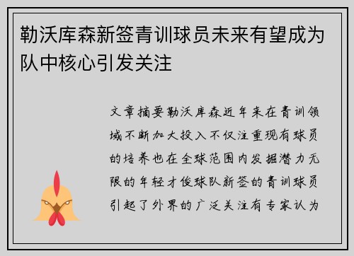 勒沃库森新签青训球员未来有望成为队中核心引发关注