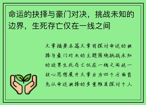 命运的抉择与豪门对决，挑战未知的边界，生死存亡仅在一线之间