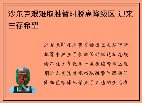 沙尔克艰难取胜暂时脱离降级区 迎来生存希望