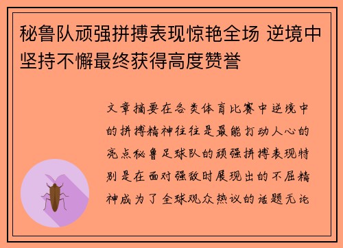 秘鲁队顽强拼搏表现惊艳全场 逆境中坚持不懈最终获得高度赞誉