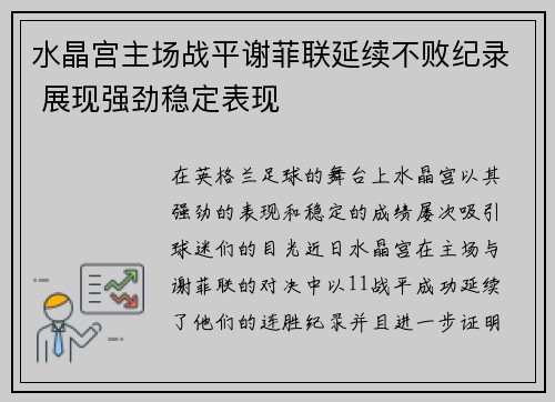 水晶宫主场战平谢菲联延续不败纪录 展现强劲稳定表现