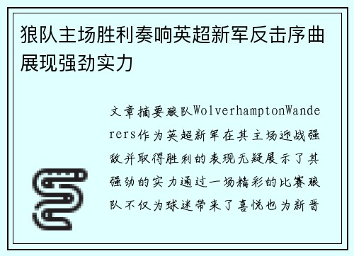 狼队主场胜利奏响英超新军反击序曲展现强劲实力
