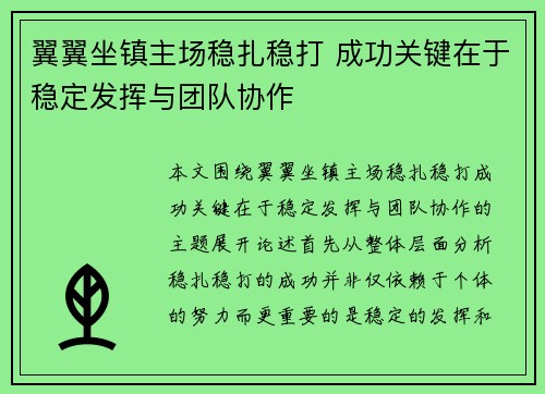 翼翼坐镇主场稳扎稳打 成功关键在于稳定发挥与团队协作