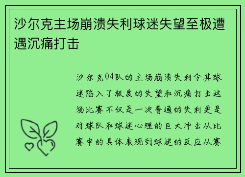 沙尔克主场崩溃失利球迷失望至极遭遇沉痛打击