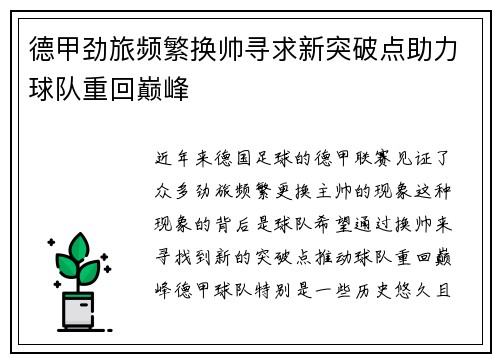 德甲劲旅频繁换帅寻求新突破点助力球队重回巅峰