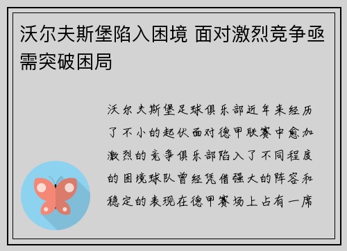 沃尔夫斯堡陷入困境 面对激烈竞争亟需突破困局