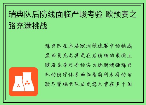 瑞典队后防线面临严峻考验 欧预赛之路充满挑战