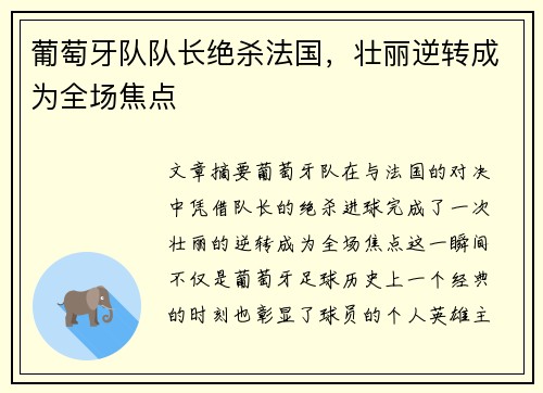 葡萄牙队队长绝杀法国，壮丽逆转成为全场焦点