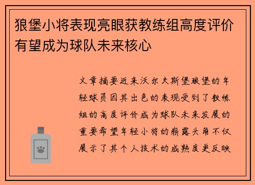 狼堡小将表现亮眼获教练组高度评价有望成为球队未来核心