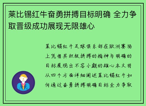 莱比锡红牛奋勇拼搏目标明确 全力争取晋级成功展现无限雄心